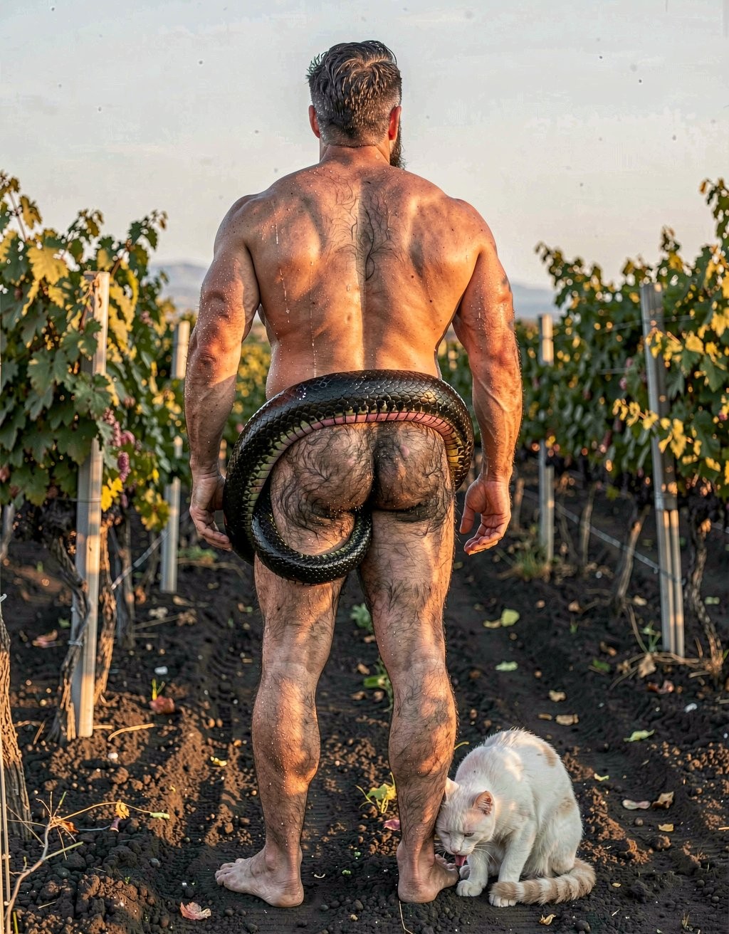 A raw, extremely photorealistic full-body vertical photograph taken on location with Canon EOS R5, 85mm f/1.4 lens at f/2, natural golden-hour Mediterranean sunlight hitting the scene in an Assyrtiko vineyard on Santorini. Dimitris, 35-year-old powerfully built Greek man with completely authentic mature muscle, real skin imperfections, visible pores and natural body hair, stands totally naked with his bare feet planted wide on dark volcanic soil. Shot from a low three-quarter rear angle that perfectly frames his massive muscular back, thick rounded shoulders, narrow waist and round, densely hairy glutes. His head is turned over his left shoulder, thick black beard with natural silver strands visible in profile, mouth slack and genuinely open in shock, eyes wide and unfocused as he stares straight up at the sky with a raw, unfiltered expression of surprise, discomfort and intense bodily sensation. A large, completely realistic python with glossy black scales and subtle emerald reflections has forced its broad head and a thick muscular section of its body deep into his hairy anus. The sphincter is stretched to its absolute physical limit around the snake’s thick torso, pink inner rim visibly gripping with authentic redness, natural swelling, visible tension, every tiny wrinkle, dark anal hair and involuntary muscular spasm captured with clinical, documentary clarity. Thick beads of real sweat trickle down his crack, mixing with natural lubrication as the snake slowly and powerfully pushes further inside with visible contractions. At his feet, a real white domestic cat with slightly dirty soft fur sits calmly on the volcanic earth and licks the toes and sole of Dimitris’ right foot with slow, wet, deliberate strokes of its small pink tongue, leaving visible saliva trails on the skin and between the toes. True sunlight creates authentic specular highlights on wet skin, glossy scales, the stretched anal tissue, individual body hairs, sweat droplets and the cat’s fur, with deep natural shadows and shallow depth of field that keeps razor-sharp focus on the penetration, the stretched hole and the cat’s tongue while softly blurring the distant vines. Obsessive photographic realism: visible skin pores, real skin texture and imperfections, individual hairs, natural muscle striations, realistic scale patterns, authentic physical reaction of the stretched anus, wet saliva, dust particles on the cat’s paws and fur, pure unembellished documentary precision as if taken by a professional photographer standing right there on location, zero artistic stylization whatsoever.