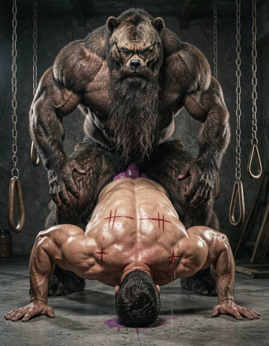 A huge, muscular anthropomorphic bear covered in dark fur dominates an industrial gym scene with hanging chains and rings, leaning over a naked man in a push-up position on the floor. The man has a very defined back, glistening with sweat, with cuts and red marks, while he rests his hands and head near a purple puddle; behind him, an explicit penetration with the bear's penis can be seen. The dramatic lighting highlights the exaggerated anatomy, physical strength, the dark dungeon atmosphere, and the contrast between the vulnerable human body and the bestial figure, creating an intense, violent, hyperrealistic fantasy composition.