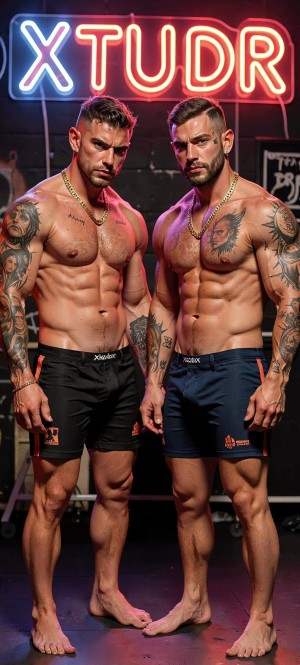 Two muscular men pose standing barefoot in a gym or studio setting with dim lighting, under a large red, white, and blue neon sign that says “XTUDR.” Both are shirtless, showing defined torsos, marked abs, tattooed arms, and gold chains around their necks. The man on the left wears black shorts and has several tattoos on his arms and chest, with a serious expression and direct gaze; the one on the right wears navy blue shorts, also with extensive tattoos on his arms and torso, a trimmed beard, and a firm stance. The scene has a fitness, masculine, and promotional style, with neon lights highlighting the musculature and creating an intense atmosphere.