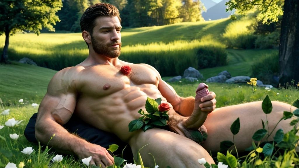 Hombre desnudo acostado en la hierva del monte. Se ve todo el cuerpo. Tiene dos testículos muy grandes y peludos. Es un hombre musculoso. Su mano está hacia arriba acariciando su pene. Foto apaisada de alta calidad resolución 4K. Es una foto de ultra alta calidad resolución 4K. Hombre desnudo acostado en la hierva del monte. Tiene sandalias marrones en los pies. En la mano izquierda tiene dos rosas rojas.