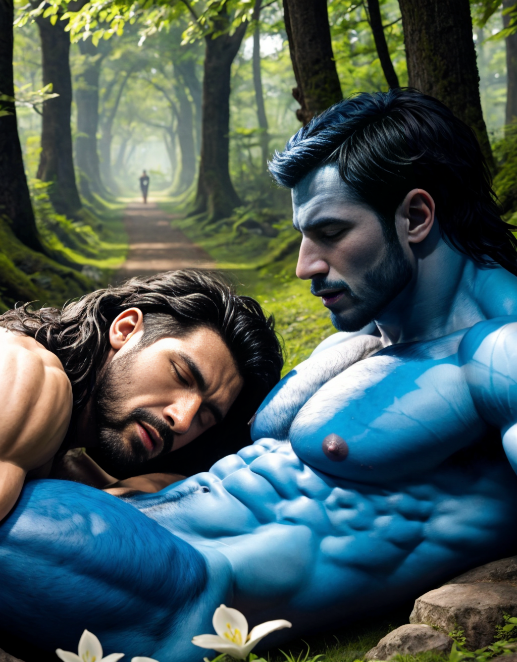Dos Hombres azul desnudos musculosos azul, tienen pene color azul grande erecto, tiene testículos color azul. Tiene sandalias azules. Tiene mucho vello. Tiene pelo azul largo ondulado azul. Tiene pezones grandes largos y puntiagudos. Están dormidos en el suelo de un camino en el campo con flores azules. Pezones lanzando líquido blanco por sus pezones. Los dos se ven de perfil. Los dos eyaculación y sensación de placer.