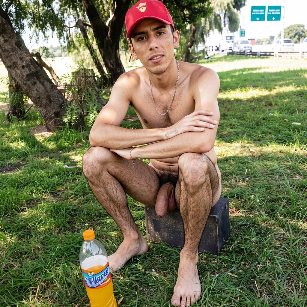 Un hombre joven está agachado sobre un bloque oscuro en una zona de césped, bajo la sombra de varios árboles, con el torso desnudo, gorra roja y una cadena fina al cuello. Mantiene los brazos cruzados sobre las rodillas y mira directamente a la cámara con expresión seria y relajada. Está descalzo, con las piernas abiertas y abundante vello corporal visible; entre los muslos se aprecia claramente el pene expuesto. En primer plano, sobre la hierba, hay una botella de bebida naranja con etiqueta visible, mientras al fondo aparecen una carretera, señales verdes y luz de día en un entorno exterior tipo parque o cuneta arbolada.