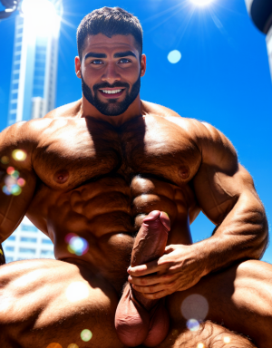 Hombre musculoso. Está masturbando el pene. Tiene mucho vello.