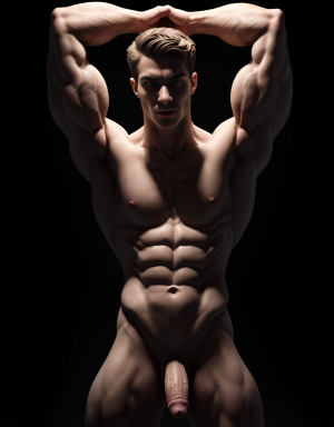 Un hombre joven musculoso de 25 años, de rostro bello, simétrico y armónico, caucásico posa dramáticamente totalmente desnudo y enseñando su bello pene en un fondo negro. Tiene una complexión atlética y un cuerpo definido, con abdominales marcados, brazos fuertes y venas visibles. Su piel es clara y su expresión facial es seria y concentrada. Está en una pose artística que recuerda a una escultura clásica o a un bailarín contemporáneo, con ambos brazos elevados y las manos adoptando una forma expresiva y elegante. La iluminación lateral resalta la definición muscular y genera sombras profundas que acentúan su figura. El fondo es completamente oscuro, lo que centra toda la atención en su cuerpo y postura.