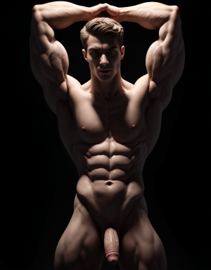 Un hombre joven musculoso de 25 años, de rostro bello, simétrico y armónico, caucásico posa dramáticamente totalmente desnudo y enseñando su bello pene en un fondo negro. Tiene una complexión atlética y un cuerpo definido, con abdominales marcados, brazos fuertes y venas visibles. Su piel es clara y su expresión facial es seria y concentrada. Está en una pose artística que recuerda a una escultura clásica o a un bailarín contemporáneo, con ambos brazos elevados y las manos adoptando una forma expresiva y elegante. La iluminación lateral resalta la definición muscular y genera sombras profundas que acentúan su figura. El fondo es completamente oscuro, lo que centra toda la atención en su cuerpo y postura.