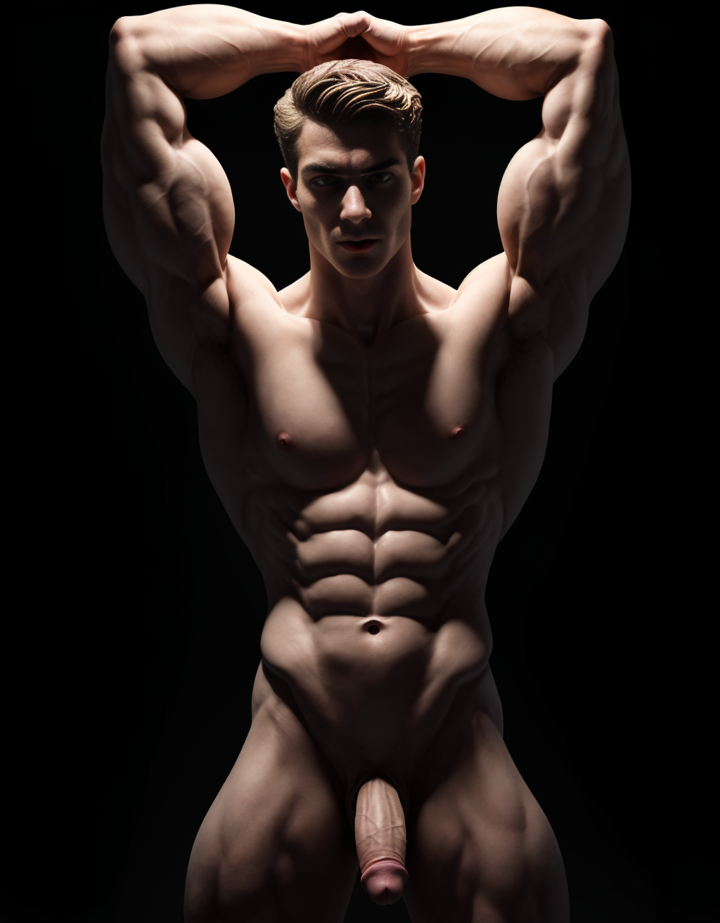 Un hombre joven musculoso de 25 años, de rostro bello, simétrico y armónico, caucásico posa dramáticamente totalmente desnudo y enseñando su bello pene en un fondo negro. Tiene una complexión atlética y un cuerpo definido, con abdominales marcados, brazos fuertes y venas visibles. Su piel es clara y su expresión facial es seria y concentrada. Está en una pose artística que recuerda a una escultura clásica o a un bailarín contemporáneo, con ambos brazos elevados y las manos adoptando una forma expresiva y elegante. La iluminación lateral resalta la definición muscular y genera sombras profundas que acentúan su figura. El fondo es completamente oscuro, lo que centra toda la atención en su cuerpo y postura.