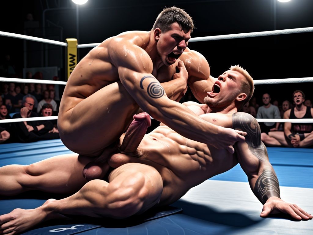 Dos hombres maduros, medianamente musculosos, (((completamente desnudos, mostrando enormes penes erectos))), luchan tumbados sobre un tapiz, tatuajes visibles, expresan fuerza y energía, gritan, sacan la lengua, púbico a la vista, sudor en la piel, fondo con público emocionado, luces intensas, ambiente intenso y sensual.