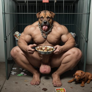Hombre fuerte hambriento con cadenas muy gruesas en cuello tobillos y verga comiendo como perro basura en una jaula y se ven perros junto con el también comiendo 