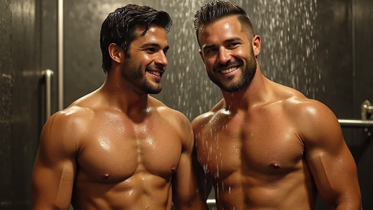 Hombres muy atractivos y musculosos en la ducha del gimnasio, agua cayendo sobre sus cuerpos tonificados, gotas de agua resbalando sobre su piel bronceada, músculos definidos, torsos desnudos, cabello mojado y peinado hacia atrás, sonrisas confiadas y expresiones sensuales, luz cálida y vaporosa del gimnasio, ambiente relajado y sensual, foco en la desnudez y la sensualidad, detalles realistas de la piel y el agua, iluminación suave y cálida, hombres disfrutando del momento, cuerpos atléticos y atractivos, escena íntima y provocativa.