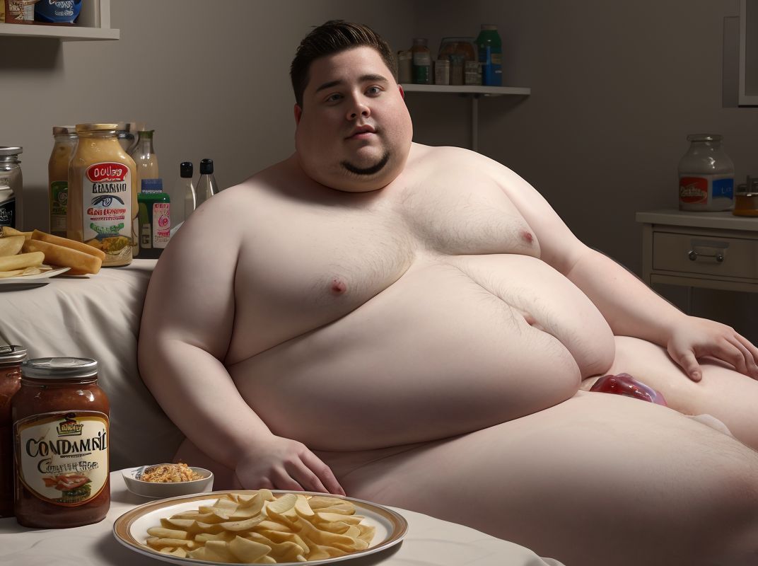 Hombre obeso fotorrealista desnudo, (obesidad:1.5), atado a cama de hospital, rodeado de (bacon:1.2), botes de mayonesa, patatas fritas y preservativos usados, (piel realista:1.4), sombras hiperrealistas, resolución 8k, fondo de hospital detallado, (anatomía ultra detallada:1.3), texturas realistas de comida y objetos.