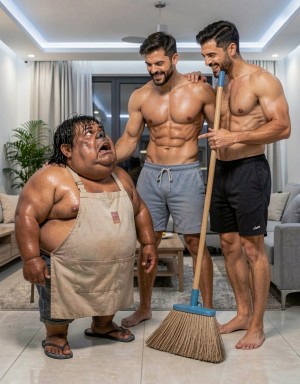 A short, sweaty man with an anguished or surprised expression is standing in a modern living room wearing a beige apron over his bare torso, shorts, and flip-flops, while two tall, muscular, shirtless men laugh beside him. One of them, wearing gray shorts, rests a hand on his shoulder in an apparently mocking or friendly way, and the other, wearing black shorts, holds a long-bristled broom resting on the floor. The scene takes place in a bright living room with a gray sofa, coffee table, curtains, decorative plant, and recessed lights, creating a strong contrast between the domestic setting, the cleaning, and the comic tension between the characters.