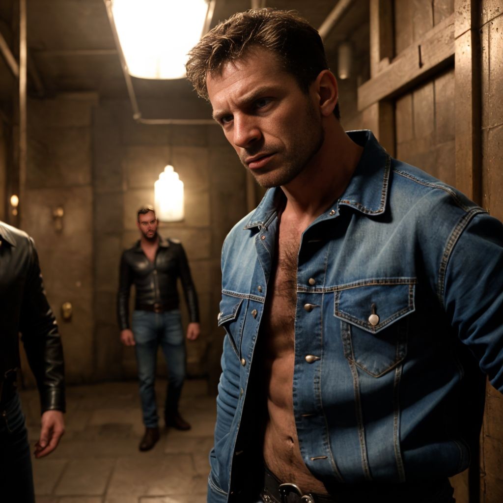 Dos hombres de 30 años, pene visible, con chaquetas de denim desgastadas y arneses de cuero gastados, en una celda de mazmorra oscura y vibrante, con expresiones de desafío y cansancio, posados dinámicamente, con colores intensos y líneas exageradas, inspirado en Lichtenstein y Basquiat
