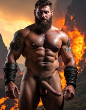 Un guerrero bárbaro musculoso y completamente desnudo, con una polla gigante de 25cm erguida y completamente dura, mostrando cicatrices de batalla en su torso y brazos, una barba espesa y desordenada, y una mirada dominante y desafiante directamente a la cámara. Su cuerpo está cubierto de un sudor que brilla bajo la luz dramática, y su piel tiene un tono bronceado que refleja su vida al aire libre y su condición física extrema. Sus pectorales están marcados y definidos, y sus abdominales son una tabla de músculos bien definidos. Sus brazos son enormes y musculosos, y sus piernas son gruesas y poderosas, cubiertas de vello corporal abundante que se extiende por todo su cuerpo. Sus testículos son grandes y están tensos, y su pene erguido es el centro de atención, con venas prominentes que se ven bajo la piel. El fondo es un paisaje épico de montañas y fuego, con llamas que se elevan hacia el cielo y una atmósfera de intensidad y poder. El estilo es hiperrealista, con detalles extremadamente precisos y una iluminación dramática que resalta cada músculo y cada curva del cuerpo del guerrero, creando una imagen impactante y emocionante.