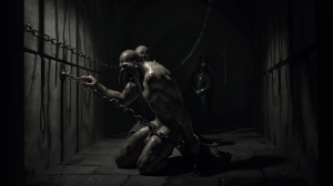 Hombre desnudo, sumiso, torturado en celda oscura, sucia, por la Santa Inquisición, acusado de blasfemia, verdugos con hábitos oscuros de aplican hierros de grandes penes candentes, cadenas, gritos de dolor, atmósfera opresiva, sombras intensas, sufrimiento extremo.