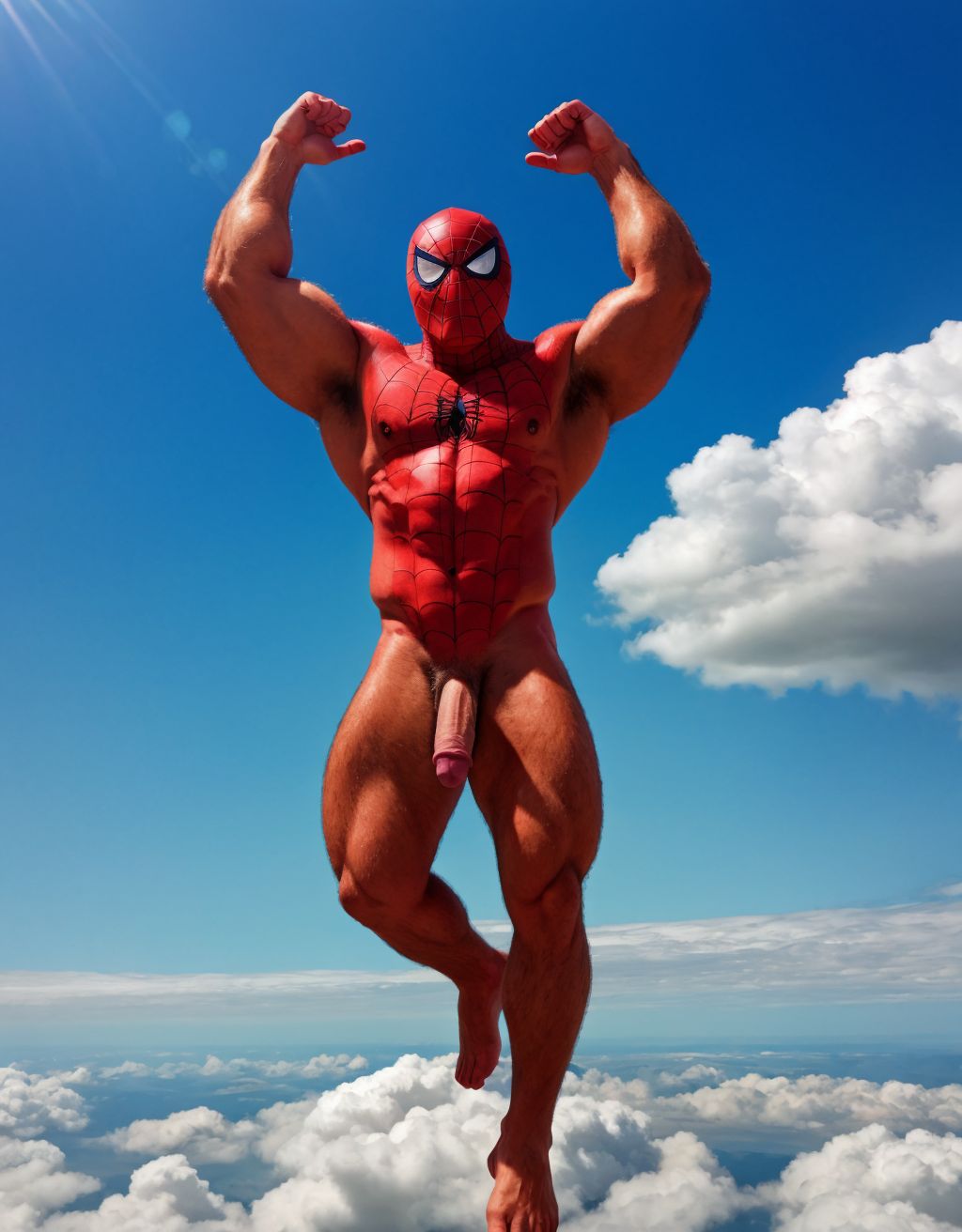 Spiderman velludo musculoso totalmente desnudo volando sobre una nube en cielo azul. Tiene el pene grande. Tiene los huevos grandes y peludos.