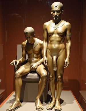 Akhenatón (originalmente llamado Amenhotep IV) fue un faraón egipcio que gobernó durante la Dinastía XVIII (Imperio Nuevo), aproximadamente entre 1353 a.C. y 1336 a.C. Es un hombre faraón de los más fascinantes y revolucionarios de la historia egipcia debido a su radical reforma religiosa. Está totalmente desnudo y en sus pies lleva sandalias de lujo de oro. Tiene un pene erecto de 20 cm de longitud y 8 cm de diámetro. Es admirado por su bello cuerpo de atleta. Tiene grandioso pene de 22 cm de longitud y 9 cm de diámetro y lo tiene en erección. Tiene el pene erecto. Aspecto muy masculino. A su lado hay otro hombre que lo ama, está detrás de él con la mano derecha en su pene, cogiendo el pene con pasión, su pene de 30cm de longitud y 9 cm de diámetro se lo mete en el ano, meneando la polla y acariciando su culo con amor ❤️ . Tienen todos los músculos en tensión, es una imagen muy masculina y viril.