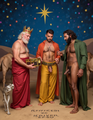 Los Reyes Magos:
Melchor es un hombre de 60 años, tiene una larga cabellera, tiene barba blanca, es de Europa. Está totalmente desnudo pero lleva corona de rey 👑, en sus manos lleva un cofre con oro. Tiene un cuerpo con músculos marcados y definidos. Tiene un pene erecto de 36 cm de longitud y 7 cm de diámetro. Tiene mucho vello corporal blanco.

Gaspar es un hombre de 30 años con rasgos asiáticos y una barba rubia, está totalmente desnudo pero lleva una corona de rey 👑, tiene un cuerpo atlético y vigoroso, tiene mucho vello corporal rubio, tiene una bandeja con incienso en sus manos. 👑💪🏼
Baltasar es un hombre de 45 años de edad proviene de África, tiene piel oscura, es moreno, lleva un tarro de mirra. Tiene cuerpo atlético con músculos muy marcados, tiene mucho vello negro rizado por todo el cuerpo, su cabello es abundante rizado y negro, tiene una barba negra abundante, tiene un enorme pene erecto de 40 cm de longitud y 9 cm de diámetro. 👑
En el fondo hay tres camellos y la estrella de Oriente, y muchas pequeñas estrellas de colores. En el suelo está escrito: “Reyes de Oriente” en español.