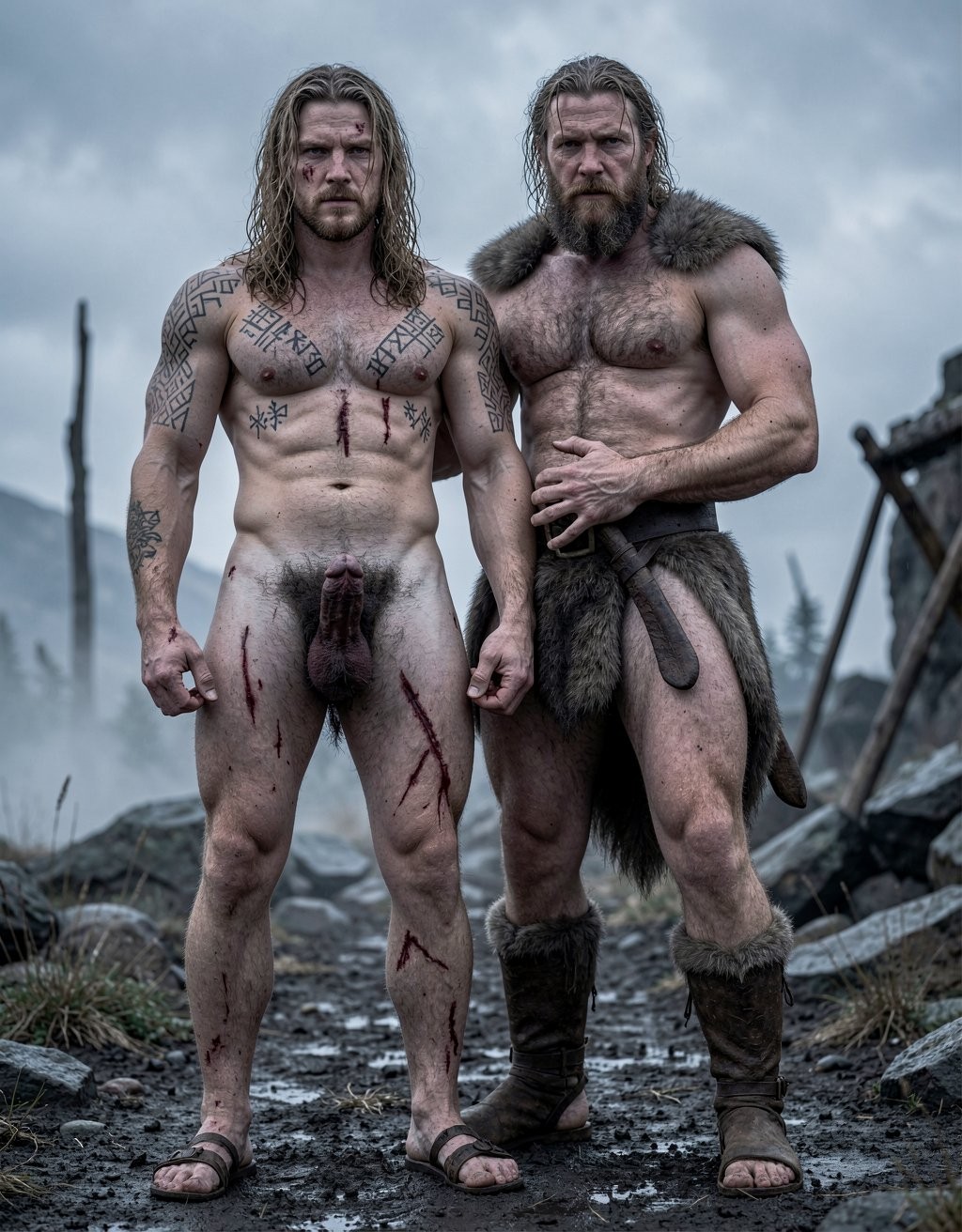 Amleth y Aurvandil.
Amleth (Alexander Skarsgård) está de cuerpo entero desde los pies hasta la cabeza. Es un príncipe vikingo de 29 años de edad que está junto a el rey Aurvandil, de 48 años de edad. 
Amleth (Alexander Skarsgård) se convierte en un berserker implacable. Amleth tiene motivación animal, casi mística. Amleth es un héroe noble; es pura rabia y destino.
Amleth tiene una altura imponente de 194 cm y peso 78 Kg, tiene 7% de grasa corporal,
Amleth tiene un cuerpo fuerte, tatuado, cubierto de cicatrices, pelo largo y sucio.  
Amleth tiene un cuerpo con musculatura densa y trabajada y estilizada, tiene 7% de grasa corporal y parece esculpido al estilo vikingo con pectorales anchos y marcados; tiene un 7% de grasa corporal con abdominales extremadamente definidos y marcados 