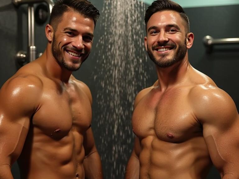 Hombres muy atractivos y musculosos en la ducha del gimnasio, agua cayendo sobre sus cuerpos tonificados, gotas de agua resbalando sobre su piel bronceada, músculos definidos, torsos desnudos, cabello mojado y peinado hacia atrás, sonrisas confiadas y expresiones sensuales, luz cálida y vaporosa del gimnasio, ambiente relajado y sensual, foco en la desnudez y la sensualidad, detalles realistas de la piel y el agua, iluminación suave y cálida, hombres disfrutando del momento, cuerpos atléticos y atractivos, escena íntima y provocativa.