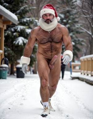 La Navidad. Papá Noel es un hombre de 35 años, atleta, delgado con músculos muy marcados y definidos, está delgado y es muy varonil, tiene barba abundante blanca abundante. Tiene el gorro de papá Noel, está totalmente desnudo enseñando su musculatura de atleta y está bronceado, está entre nieve pero no frío, tiene abundante vello blanco por todo su cuerpo que cubre sus músculos de los pectorales el abdomen y cubre sus piernas. Tiene sandalias blancas en sus pies. Tiene barba abundante blanca de papá Noel. Es el Papá Noel del año 2025, con mucha alegría y mucho sexo gay. Aspecto muy masculino, salvaje. Tiene un pene erecto de 20cm de longitud y 8cm de diámetro. Tiene barba de pelo blanco y tiene mucho vello de color blanco por todo el cuerpo. El hombre Papá Noel está delgado y musculoso y peludo, andando sobre la nieve mientras cae nieve y su pene erecto se mueve sobre sus testículos. Su pene está a la vista. Está totalmente desnudo. 