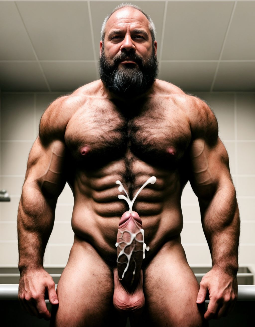 Hombre de 40 años moreno totalmente desnudo. Tienes pene grande perfecto. Tienes testículos grandes con mucho vello. Eyaculas semen liquido blanco que sale para arriba. Tienes mucho vello en el pecho. Tienes mucho vello en los brazos. Tienes la cara dura y con barba. Eres muy delgado. Estás muy delgado. 