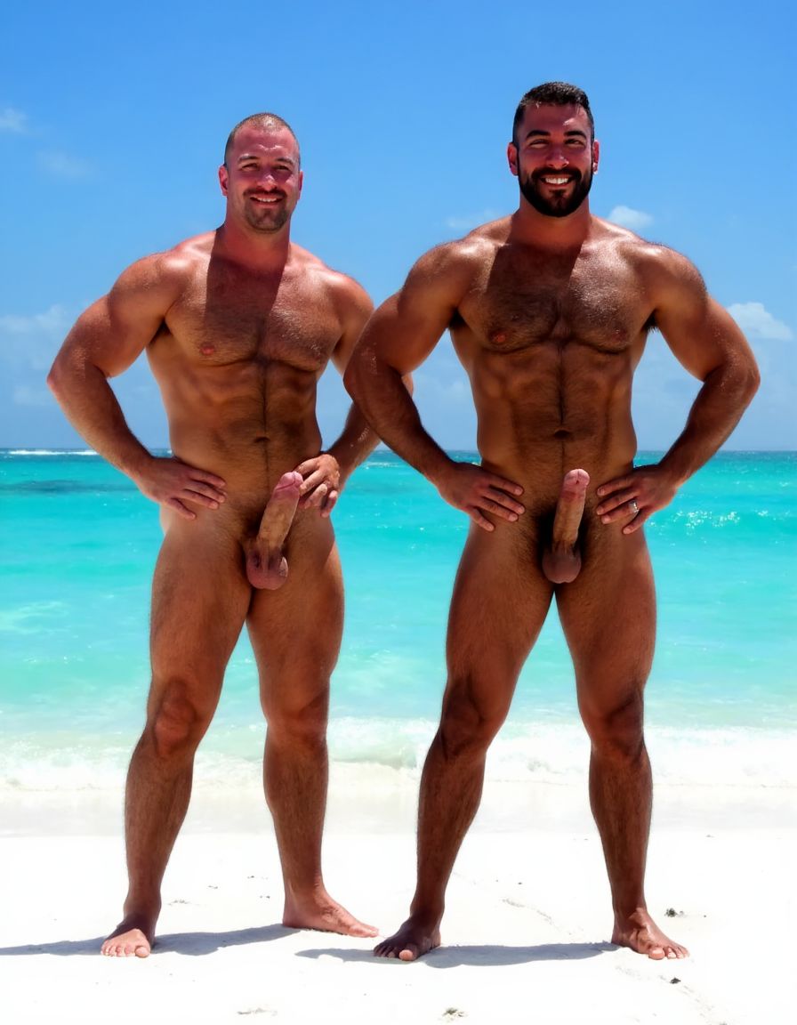 Rodrigo y Maximiliano son dos hombres culturistas de competición posando juntos en una playa de arena blanca con mar turquesa cristalino de fondo y cielo azul despejado, ambos descalzos sobre la arena, sonriendo a cámara con complicidad, postura relajada con las caderas pegadas y manos en la cintura.

Rodrigo es un hombre que está a la izquierda: caucásico de 35 años, cabeza completamente rapada y afeitada brillante por el sol, rostro cuadrado con mandíbula ancha, sonrisa amplia mostrando dientes blancos, cejas finas oscuras, ojos oscuros, piel bronceada aceitosa con brillo uniforme, cuello grueso de toro con trapecios enormes subiendo hasta las orejas, deltoides redondos y estriados como bolas de cañón con separación clara de las tres cabezas, pectorales masivos gruesos y cuadrados con estriaciones visibles en la parte inferior y surco profundo entre ambos, pezones pequeños apuntando hacia abajo por el volumen del pectoral, brazos enormes con bíceps con pico pronunciado y vena cefálica gruesa visible, tríceps con herradura marcada, antebrazos gruesos vascularizados, abdominales de seis bloques marcados con separaciones profundas, oblicuos definidos, serratos visibles, dorsales anchos que sobresalen por detrás dándole forma de V pronunciada, completamente desnudo de cintura para abajo, polla erecta de treinta y seis centímetros de longitud y ocho coma cinco centímetros de diámetro apuntando hacia arriba y ligeramente a la derecha, tronco grueso y venoso con venas retorcidas recorriéndolo desde la base hasta el glande, glande grande rosado hinchado y brillante completamente expuesto, testículos enormes gordos y pesados colgando bajos en un escroto relajado por el calor oscurecido por el bronceado, pubis recortado corto, muslos masivos con cuádriceps con forma de lágrima y separaciones marcadas, gemelos gruesos con forma de diamante, pies grandes sobre la arena.

Maximiliano es un hombre que está a la derecha: negro de piel oscura de 45 años, cabeza rapada al cero, rostro angular con pómulos altos y marcados, mandíbula cuadrada y definida, sonrisa confiada mostrando dientes blancos, ojos oscuros intensos, piel negra brillante y aceitada que resalta cada definición muscular con reflejos del sol, cuello grueso con trapecios altos, deltoides estriados enormes y redondos con venas cruzándolos, pectorales cuadrados duros y estriados con pezones oscuros pequeños, separación brutal entre ambos pectorales, brazos fibrosos masivos con bíceps vascularizados y venas gruesas serpenteando por todo el brazo, tríceps estriados con las tres cabezas visibles, antebrazos secos con cada tendón marcado, abdominales de ocho bloques profundamente tallados con piel fina pegada al músculo mostrando cada fibra, oblicuos cortados como cuchillas, serratos marcados individualmente, dorsales anchos y gruesos, completamente desnudo de cintura para abajo, polla erecta de treinta y seis centímetros de longitud y ocho coma cinco centímetros de diámetro con tronco oscuro grueso y pesado cubierto de venas hinchadas prominentes, glande enorme oscuro casi negro brillante de líquido preseminal, prepucio retraído por completo, testículos enormes gordos y llenos colgando pesados y bajos en un escroto oscuro arrugado y relajado, pubis con vello negro corto y rizado, muslos enormes fibrosos con cuádriceps estriados y femorales como cuerdas de acero, gemelos definidos y duros, pies descalzos sobre la arena blanca.

Iluminación natural directa del sol cenital con reflejos en la piel aceitada de Rodrigo y Maximiliano, sombras cortas en la arena, alta resolución fotográfica hiperrealista, textura de piel con poros visibles, gotas de sudor y aceite, calidad de fotografía profesional editorial deportiva, plano frontal de cuerpo entero.



No distorsiones y NO DEFORMACIONES.