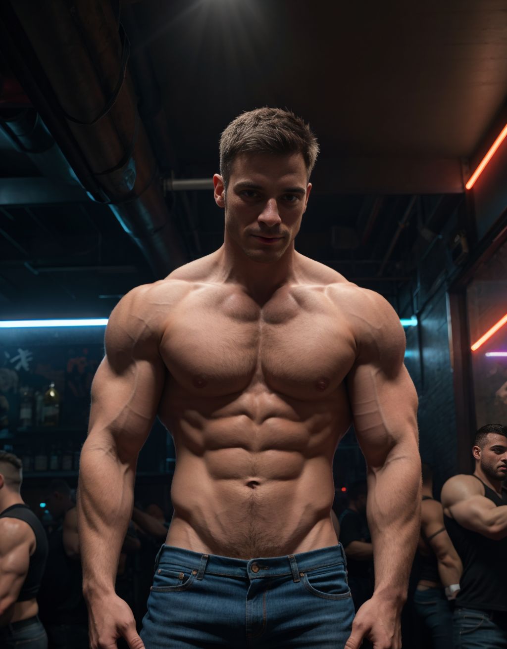 Hombre semi desnudo, pene visible, con ropa interior de denim BDSM, en un bar gay oscuro y sensual, rodeado de hombres musculosos, luces neón y atmósfera erotizada.
