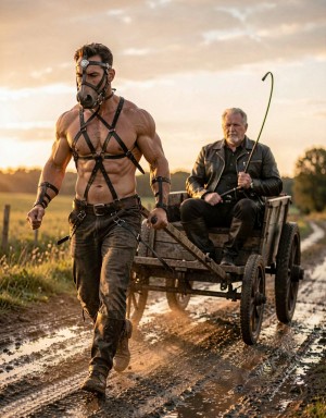 Un hombre musculoso y sin camiseta camina por un camino rural embarrado tirando de un pequeño carro de madera con ruedas, sujeto por un arnés negro de cuero que cruza su pecho, hombros y torso. Lleva una máscara tipo brida sobre la cara, pantalones oscuros manchados de barro, botas altas y brazaletes, creando una escena de estética fetichista y dominación. Sentado en el carro aparece un hombre mayor con chaqueta negra, expresión seria y una fusta o látigo largo en la mano, como si guiara al hombre que arrastra el vehículo. El entorno campestre, los charcos, la tierra húmeda y la luz dorada del atardecer refuerzan una atmósfera dramática, ruda y teatral.