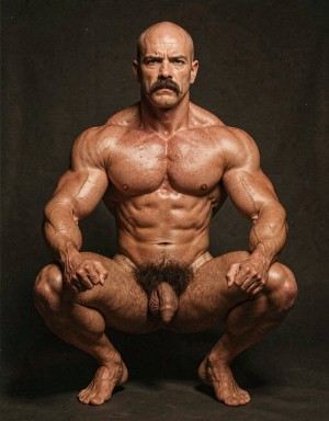 Mike Morris, the 32-year-old Caucasian bodybuilder with an athletic and extremely defined muscular physique, stands at full attention in a strict military pose, feet together, legs straight, back rigidly upright, shoulders back, chest thrust forward, arms at his sides with fists clenched, and head held high looking straight ahead with a serious, almost threatening expression. Full body shot from the tips of his toes to the top of his bald head. He is completely naked. His advanced Norwood III-IV male pattern baldness is clearly visible, with a shiny tanned scalp on top, short dark brown hair only on the sides and back. His square, angular face with strong jaw, prominent cheekbones, thick dark handlebar mustache, heavy brows, and intense deep-set brown eyes under slightly hooded lids stares forward with firm authority. His massive square pectorals are pushed out, dark brown chest hair forming a dense classic T-pattern down the sternum and spreading across his wide six-pack abs. Small dark nipples sit low on the pecs. A trail of dark hair leads to an extremely dense, thick, curly dark brown pubic bush that climbs almost to his navel. His heavy 14 cm flaccid cock hangs thick over large, low-hanging hairy testicles, the skin of the shaft noticeably lighter than his tanned body. Powerful veined forearms, developed traps flowing into delts, defined quads with visible separation, diamond-shaped calves, and hairy feet complete the figure. Warm directional studio lighting from above and slightly to the side creates sharp highlights on his oiled skin, deep shadows that accentuate every muscle fiber, the texture of his dense body hair, and the contrast between his tanned body and lighter genital area. Photorealistic, 1970s Colt Studio aesthetic, high contrast, masculine and commanding presence, grainy film texture.  ... Está agachado.