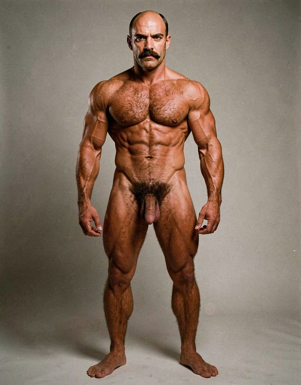 Mike Morris, a 32-year-old Caucasian male with an extremely lean and athletic physique at only 8% body fat, stands completely naked in a strict military attention pose. Full body frontal shot from the tips of his toes to the top of his head. His body is young, dry, and highly defined with sharp muscle separation, visible vascularity, and a very narrow waist. He has advanced Norwood III-IV male pattern baldness with a shiny tanned scalp on top and only short dark brown hair on the sides and back. His face is serious and commanding: square angular jaw, prominent cheekbones, thick dark handlebar mustache, heavy brows, and intense deep-set brown eyes. His massive square pectorals are pushed forward, covered in dense dark brown chest hair that forms a classic thick T-pattern running down the sternum and spreading over his sharply carved six-pack abs. Small dark nipples sit low on the pecs. A prominent trail of dark hair leads to an extremely dense, curly, dark brown pubic bush that climbs almost to his navel. His thick 14 cm flaccid cock hangs heavy over large, low-hanging, hairy testicles, the shaft skin noticeably lighter than his bronzed body. Powerful veined forearms, developed traps, defined quadriceps with clear separation, diamond-shaped calves, and slightly hairy feet complete his figure. He stands perfectly straight, chest out, shoulders back, arms rigid at his sides with fists clenched, head high and gaze fixed forward. Dramatic directional studio lighting from above and slightly to the front creates strong highlights on his dry, vascular skin and deep shadows that accentuate every muscle fiber, the texture of his dense body hair, and the extreme definition of his 8% body fat physique. Photorealistic, high-contrast, 1970s Colt Studio masculine aesthetic, grainy film texture.