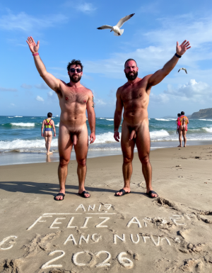 Día de Año Nuevo 2026. Dos hombres llamados Juan y Pedro, tienen sandalias pero están totalmente desnudos. 

Juan es un hombre de 50 años de edad, muy atlético y tiene sus músculos muy definidos y es muy peludo, está totalmente desnudo, tiene un pene largo erecto de 36cm de longitud y 9cm de diámetro, tiene cabello negro largo ondulado y desordenado, tiene mucho vello pectoral, tiene piernas masculinas con abundante vello, tiene brazos peludos,  su cara tiene forma cuadrada tiene mentón prominente con hoyuelo muy pronunciado y muy masculino, su barba está bien afeitada y su cara está muy limpia resaltando sus facciones masculinas. 

Pedro es un hombre de 58 años de edad con músculos marcados sin grasa, está totalmente desnudo, tiene un pene erecto largo de 39 cm de longitud y 9 cm de diámetro, tiene cabello pelirrojo rizado abundante y largo de color rojo, tiene abundante vello pelirrojo pectoral de color rojo oscuro en abundancia, tiene piernas masculinas con mucho vello, tiene brazos peludos y muy masculinos. Pedro tiene presencia atlética y es muy peludo, mucho pelo por todo su cuerpo. 

Pedro está con el esfínter del culo abierto. Juan mete su pene por el esfínter del culo de Pedro ((Imagen de alta definición, imagen calidad 4K, UHD)). Dentro del culo de Pedro está a medio meter el pene de Juan. ((Juan tiene su pene dentro del culo de Pedro)). Sexo anal duro y apasionado. Pedro está con el esfínter del culo abierto. Juan mete su pene por el esfínter del culo de Pedro ((Imagen de alta definición, imagen calidad 4K, UHD)). Dentro del culo de Pedro está a medio meter el pene de Juan. Juan tiene su pene dentro del culo de Pedro. Sexo anal duro y apasionado. ((Penetración)) penes erectos. 

Pedro y Juan enseñan sus músculos muy marcados y bien definidos, están de pie en la arena de la playa con olas azules y con la luz del Sol reflejándose los sobre el agua del mar mientras vuelan dos gaviotas. En la arena de la playa está trazado el texto: 