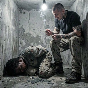 A Black man with torn, dirty clothes kneels on a cold concrete floor inside a dim, filthy cell, his face pressed against the ground, sweat and tears mixing on his bruised cheek. A skinhead with a shaved head, neck tattoos, and heavy combat boots stands over him, zipping up his pants with one hand and lighting a cigarette with the other, smoke curling upward in the harsh beam of a single bare lightbulb overhead. The bulb casts stark, clinical light that deepens the surrounding shadows, highlighting the splinters of broken glass on the floor and the sheen of moisture on the skinhead's knuckles. The atmosphere is brutally raw, oppressive, and suffocating, shot in a gritty realism style with cold, muted gray tones.