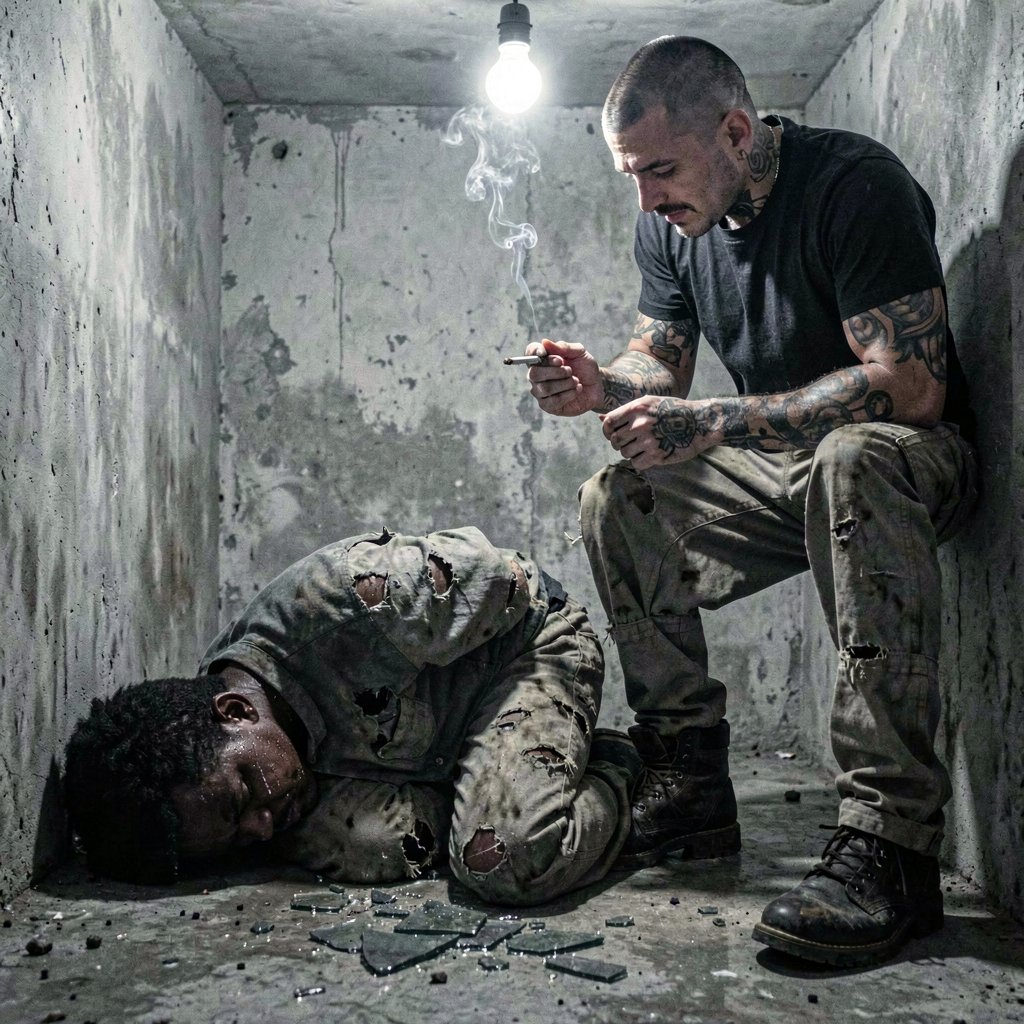 A Black man with torn, dirty clothes kneels on a cold concrete floor inside a dim, filthy cell, his face pressed against the ground, sweat and tears mixing on his bruised cheek. A skinhead with a shaved head, neck tattoos, and heavy combat boots stands over him, zipping up his pants with one hand and lighting a cigarette with the other, smoke curling upward in the harsh beam of a single bare lightbulb overhead. The bulb casts stark, clinical light that deepens the surrounding shadows, highlighting the splinters of broken glass on the floor and the sheen of moisture on the skinhead's knuckles. The atmosphere is brutally raw, oppressive, and suffocating, shot in a gritty realism style with cold, muted gray tones.
