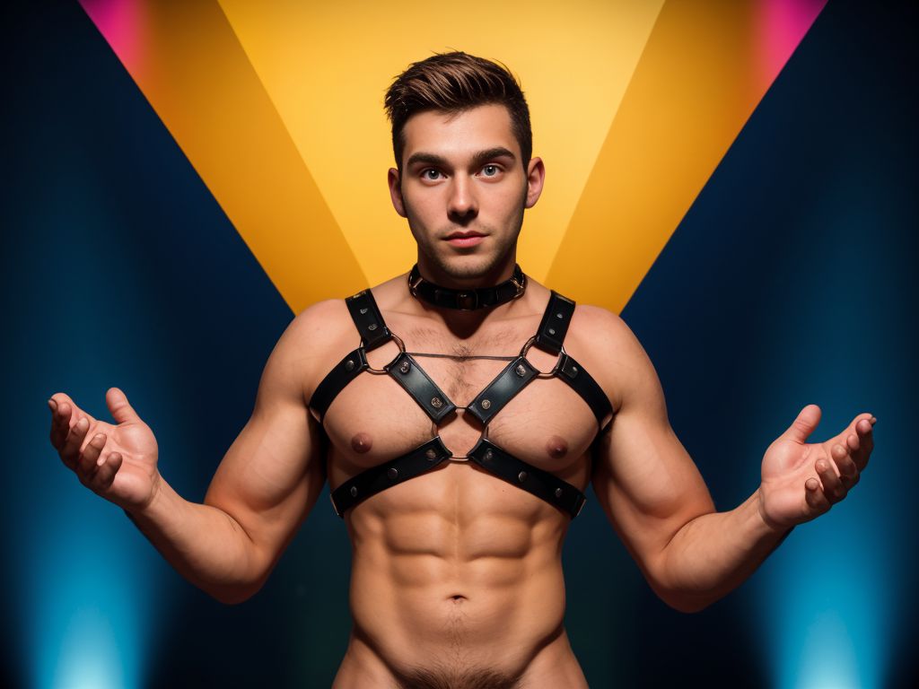 Hombre de 25 años desnudo con arnés, pene visible. Estilo cubista, comic y pop art