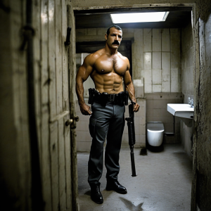 Un hombre musculoso y con bigote permanece de pie en un baño estrecho y deteriorado, sin camiseta, mostrando torso definido, abdominales marcados y brazos tensos bajo una luz fluorescente fría. Lleva pantalones negros de aspecto policial o táctico, botas brillantes y un cinturón equipado con fundas, mientras sostiene una porra negra en una mano con actitud firme y vigilante. El entorno tiene paredes de azulejos viejos y sucios, una puerta desgastada entreabierta, un lavabo blanco a la derecha y un inodoro al fondo, creando una atmósfera áspera, claustrofóbica e industrial, propia de un sótano, una celda o una instalación abandonada.