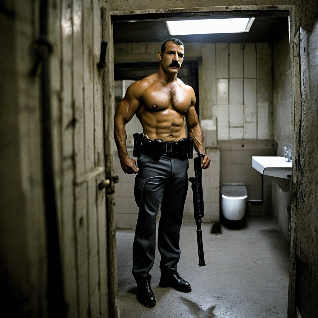 A muscular man with a mustache stands in a narrow, deteriorated bathroom, shirtless, showing a defined torso, marked abs, and tense arms under cold fluorescent light. He wears black pants with a police or tactical look, shiny boots, and a belt equipped with holsters, while holding a black baton in one hand with a firm and watchful attitude. The environment has old, dirty tile walls, a worn door ajar, a white sink on the right, and a toilet in the background, creating a harsh, claustrophobic, industrial atmosphere, typical of a basement, a cell, or an abandoned facility.