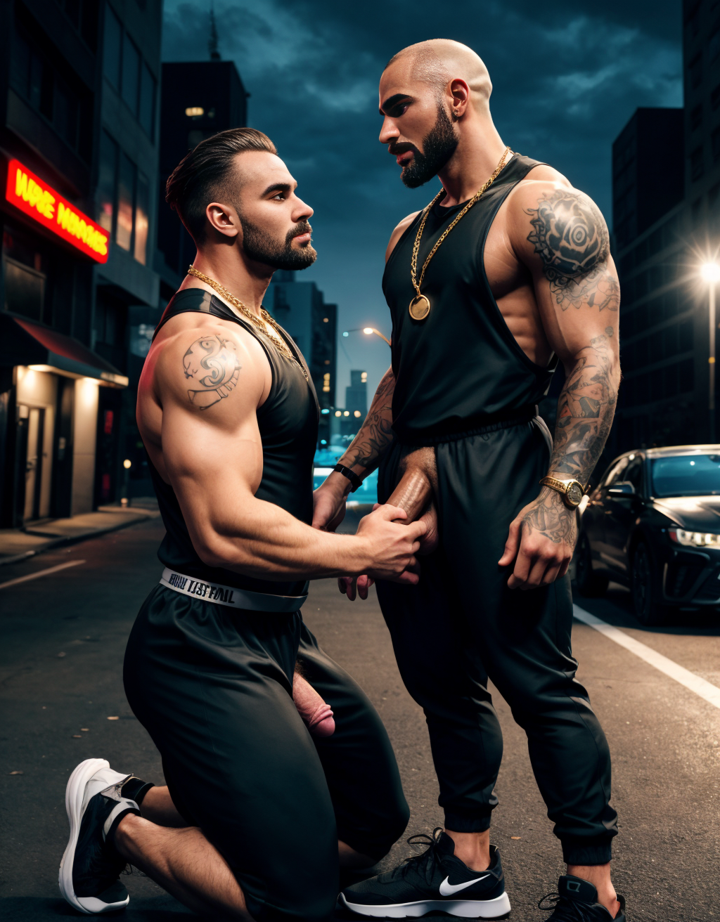 Hombre de 25 años, cuerpo atlético, rasgos duros y actitud desafiante, chandal deportivo ajustado, pene grande y largo, rapado, barba de dos días, zapatos Nike llamativos, tatuajes visibles en los antebrazos y el cuello, cadena gruesa de oro, calle de ciudad de fondo, de pie con postura dominante, expresión chulesca. Un hombre mayor de traje ejecutivo y zapatos, arrodillado a sus pies, pene erecto, testículos grandes, mirada de sumisión, frente tocando el pene del joven. Diferencia clara de estatus y poder, iluminación urbana nocturna, contraste fuerte de vestimenta y actitud, detalle en los rostros y gestos, composición vertical impactante.