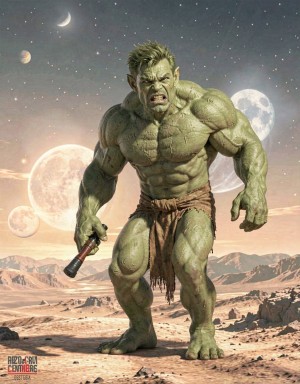 En el planeta Próxima Centvari B, un humanoide musculoso y enorme, de color verdoso, se muestra victorioso tras una pelea a muerte.