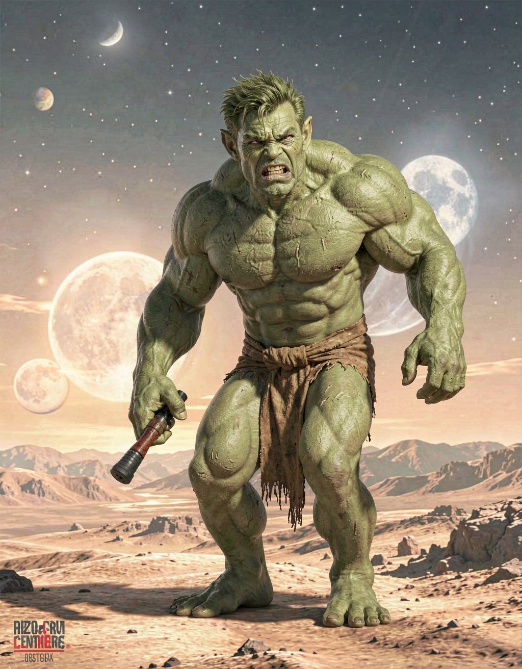 En el planeta Próxima Centvari B, un humanoide musculoso y enorme, de color verdoso, se muestra victorioso tras una pelea a muerte.