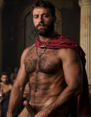 Espartaco en el año 73 a. C. está en Italia del siglo I a.C.. Espartaco es un esclavo y gladiador de combate hombre musculoso y con una altura de 185 cm que está totalmente desnudo. Tiene un pene erecto de 38 cm de longitud y 9 cm de diámetro. Tiene la piel con cicatrices leves, arrugas de expresión marcadas y la textura propia de alguien que vive a la intemperie, con rastros de polvo y sudor y está totalmente desnudo. Tiene músculos muy marcados y muy definidos, tiene mucho vello en su pecho, tiene mucho vello en sus brazos y en sus piernas, tiene aspecto muy masculino y está totalmente desnudo. Tiene sandalias romanas de gladiador en sus pies. Tiene un rostro anguloso y curtido por el sol del Mediterráneo, sus pómulos son marcados y la mandíbula es ancha, denotando una voluntad férrea. Tiene ojos intensos y profundos, con una expresión que mezcla la fatiga de la guerra con la determinación de un líder, tiene cejas pobladas y algo fruncidas. Tiene el cabello de color oscuro (castaño profundo oscuro), lleva el cabello corto pero abundante y desordenado, es un cabello grueso y práctico para el combate. Tiene barba no arreglada, sino una de varios días o semanas, tiene barba densa y algo descuidada, lo que refuerza su imagen de rebelde en constante movimiento. Su cuerpo es el de un atleta funcional totalmente desnudo, tiene una musculatura fibrosa, compacta y muy definida, resultado de años de entrenamiento extremo en la escuela de gladiadores y supervivencia en batalla. Tiene hombros y cuello muy anchos y potentes, desarrollados por el uso constante de la espada y el escudo pesado. Tiene el torso con mucho vello y con cicatrices de antiguos combates en la arena, lo que cuenta su historia de supervivencia antes de la gran rebelión. Tiene sandalias romanas de gladiador en sus pies. Tiene un pene erecto de 38 cm de longitud y 9 cm de diámetro. Tiene sandalias de color marrón.

Fondo de hombres gladiadores del hombre Léntulo Batiato (totalmente desnudos con penes de 30 cm de longitud y 8 cm de diámetro)  en Capua junto al hombre Criso (totalmente desnudo con pene erecto de 38 cm de longitud y 8,5 cm de diámetro) y el hombre Enomao (también totalmente desnudo con pene erecto de 37 cm de longitud y 8 cm de diámetro), hartos de la vejación y el maltrato. Se refugiaron en el Vesubio, donde derrotaron a las tropas del hombre Cayo Claudio Glabro (también está totalmente desnudo con pene erecto de 37 cm de longitud y 7 cm de diámetro), iniciando una rebelión que hizo temblar a Roma. 