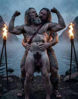 Dos vikingos de cuerpo entero, plano general, fiordo nórdico al anochecer con niebla baja y antorchas de fuego real con llamas anaranjadas y humo, contraluz crepuscular azul profundo y naranja intenso, iluminación cinematográfica de tres puntos con clave alta, estilo visual de Robert Eggers, grano de película de 35 mm analógico, hiperrealismo extremo, calidad 8K UHD, textura de piel con poros visibles, vello corporal detallado al máximo, sombras profundas y contrastes altos, composición simétrica, lente gran angular 24 mm, profundidad de campo reducida, fotografía de autor, nitidez absoluta, sin ruido digital.

Amleth (Alexander Skarsgård), 29 años, 194 cm, 7% grasa corporal, cuerpo extremadamente musculado y ultra definido, pectorales anchos y marcados, abdominales six-pack definidos, cintura muy estrecha marcando forma en V, hombros desproporcionadamente anchos, brazos en alto mostrando bíceps y tríceps hipertrofiados con venas visibles recorriendo antebrazos y bíceps, piel pálida grisácea con capas de suciedad y sangre seca, cicatriz grande y profunda cruzando el torso de lado a lado, tatuajes nórdicos oscuros de runas y símbolos geométricos cubriendo pecho, hombros y espalda, vello corporal denso y oscuro en pecho y línea alba, pelo rubio sucio largo y enmarañado con mechones más oscuros por la mugre, barba espesa y desigual más larga en la barbilla, ojos azul pálido con mirada desquiciada y brillo de locura contenida, labios agrietados, cicatriz en labio superior que tira ligeramente la comisura. Pene erecto de 22 cm, circuncidado, glande grueso rosado-rojizo oscuro y bulboso, corona marcada, uretra visible y algo abierta, tronco con venas marcadas, frenillo carnoso tirante, vello púbico denso y oscuro en V invertida subiendo hasta el ombligo, testículos grandes colgando asimétricos con escroto arrugado y más claro. Sandalias vikingas de cuero atadas con tiras en los pies.

Aurvandil (Ethan Hawke), 48 años, 190 cm, 8% grasa corporal, cuerpo musculado y fibroso de rey guerrero envejecido, mucho vello en pecho, piernas y brazos, aspecto muy masculino y brutal, pelo canoso largo y despeinado, barba larga y descuidada canosa, arrugas marcadas en el rostro, aspecto chamánico y consumido por los años. Pene erecto visible, grueso y brutal acorde con su estatus de berserker.

Pose: Aurvandil abraza a Amleth por detrás, torso desnudo completamente pegado a la espalda de Amleth, abdominales del rey presionando contra la columna del príncipe. Brazos de Aurvandil rodean con fuerza la cintura de Amleth. Una mano de Aurvandil baja firmemente y agarra la polla erecta de Amleth con los dedos rodeando el tronco. Aurvandil tiene la boca abierta besando y mordiendo el cuello de Amleth por detrás, su lengua visible lamiendo la piel, su barba canosa rozando la nuca y el hombro de Amleth. Amleth tiene la cabeza inclinada hacia atrás apoyada en el hombro de Aurvandil, garganta completamente expuesta, brazos en alto flexionados mostrando bíceps, ojos entrecerrados, boca entreabierta, expresión de gruñido y entrega total.