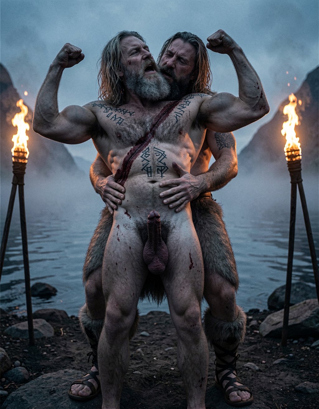 Dos vikingos de cuerpo entero, plano general, fiordo nórdico al anochecer con niebla baja y antorchas de fuego real con llamas anaranjadas y humo, contraluz crepuscular azul profundo y naranja intenso, iluminación cinematográfica de tres puntos con clave alta, estilo visual de Robert Eggers, grano de película de 35 mm analógico, hiperrealismo extremo, calidad 8K UHD, textura de piel con poros visibles, vello corporal detallado al máximo, sombras profundas y contrastes altos, composición simétrica, lente gran angular 24 mm, profundidad de campo reducida, fotografía de autor, nitidez absoluta, sin ruido digital.

Amleth (Alexander Skarsgård), 29 años, 194 cm, 7% grasa corporal, cuerpo extremadamente musculado y ultra definido, pectorales anchos y marcados, abdominales six-pack definidos, cintura muy estrecha marcando forma en V, hombros desproporcionadamente anchos, brazos en alto mostrando bíceps y tríceps hipertrofiados con venas visibles recorriendo antebrazos y bíceps, piel pálida grisácea con capas de suciedad y sangre seca, cicatriz grande y profunda cruzando el torso de lado a lado, tatuajes nórdicos oscuros de runas y símbolos geométricos cubriendo pecho, hombros y espalda, vello corporal denso y oscuro en pecho y línea alba, pelo rubio sucio largo y enmarañado con mechones más oscuros por la mugre, barba espesa y desigual más larga en la barbilla, ojos azul pálido con mirada desquiciada y brillo de locura contenida, labios agrietados, cicatriz en labio superior que tira ligeramente la comisura. Pene erecto de 22 cm, circuncidado, glande grueso rosado-rojizo oscuro y bulboso, corona marcada, uretra visible y algo abierta, tronco con venas marcadas, frenillo carnoso tirante, vello púbico denso y oscuro en V invertida subiendo hasta el ombligo, testículos grandes colgando asimétricos con escroto arrugado y más claro. Sandalias vikingas de cuero atadas con tiras en los pies.

Aurvandil (Ethan Hawke), 48 años, 190 cm, 8% grasa corporal, cuerpo musculado y fibroso de rey guerrero envejecido, mucho vello en pecho, piernas y brazos, aspecto muy masculino y brutal, pelo canoso largo y despeinado, barba larga y descuidada canosa, arrugas marcadas en el rostro, aspecto chamánico y consumido por los años. Pene erecto visible, grueso y brutal acorde con su estatus de berserker.

Pose: Aurvandil abraza a Amleth por detrás, torso desnudo completamente pegado a la espalda de Amleth, abdominales del rey presionando contra la columna del príncipe. Brazos de Aurvandil rodean con fuerza la cintura de Amleth. Una mano de Aurvandil baja firmemente y agarra la polla erecta de Amleth con los dedos rodeando el tronco. Aurvandil tiene la boca abierta besando y mordiendo el cuello de Amleth por detrás, su lengua visible lamiendo la piel, su barba canosa rozando la nuca y el hombro de Amleth. Amleth tiene la cabeza inclinada hacia atrás apoyada en el hombro de Aurvandil, garganta completamente expuesta, brazos en alto flexionados mostrando bíceps, ojos entrecerrados, boca entreabierta, expresión de gruñido y entrega total.