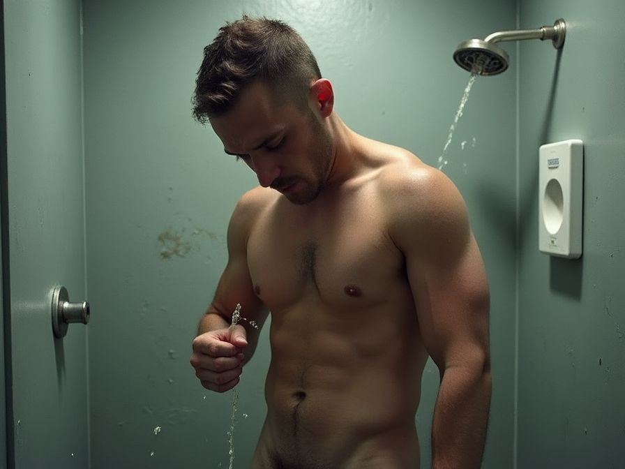 Man pissing in the shower, visible dick 