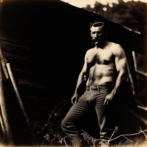 Shirtless man posing outdoors next to a rustic dark wooden structure, with a sepia aesthetic of an old photograph and high contrast. He has a beard, short hair combed back, a hairy chest and a strong build, and holds a cigar or cigarette in his mouth while looking at the camera with a serious expression. He wears tight pants with a belt and rests one leg on the uneven ground covered with dry grass and branches. Around him are leaning boards, wooden posts and deep shadows, creating a rural, rough and masculine atmosphere, with side lighting that highlights the muscles, the texture of the skin and the atmosphere of an abandoned cabin or barn.