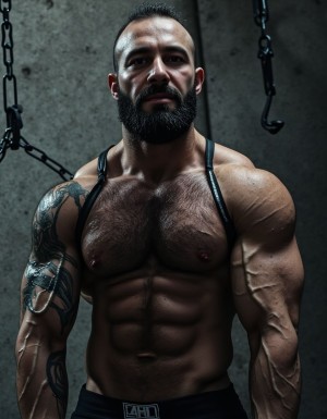 Austin Wolf, 40 años, 1.88m de altura, musculoso, cuerpo extremadamente marcado y definido, pectorales grandes y cuadrados, abdominales six-pack profundos, brazos gruesos y venosos, hombros anchos, trapecios marcados, piel blanca bronceada, pelo negro corto con rapado a los lados estilo fade, barba negra densa perfectamente recortada cubriendo mandíbula cuadrada, ojos marrones oscuros con mirada penetrante desafiante, rasgos faciales masculinos y angulosos, nariz recta, cejas gruesas, vello corporal negro medio en pecho bajando por abdomen, tatuajes en brazos y torso, manos atadas detrás de la espalda con cuerdas gruesas negras, collar de cuero negro con argolla de metal plateado al cuello, torso desnudo brillante de sudor con marcas de latigazos cruzando la espalda y hombros, expresión de sumisión forzada pero con actitud alfa contenida, mandíbula apretada, músculos tensos y flexionados, piernas musculosas muslos mostrando pene grande pronunciado, tiene pene de 20 cm de longitud y 8 cm de diámetro. Tiene sandalias negras en los pies. Iluminación dramática cenital tipo mazmorra BDSM, cadenas y ganchos colgando del techo de fondo, ambiente oscuro con tonos grises y negros, fotografía hiperrealista 8K. Tiene zapatos de tacón alto de color negro en los pies. Sus pies están a la vista. Está muy contento de su cuerpo perfecto y levanta y flexiona los brazos para enseñar sus músculos bíceps. Está muy contento de tener el cuerpo perfecto que gusta a todos. Enseña sus pies. Salta de alegría enseñando su pene de 18 cm de longitud con una sonrisa de alegría por tener un cuerpo perfecto. Manos arriba brazos hacia arriba flexionados enseñando músculos bíceps muy marcados