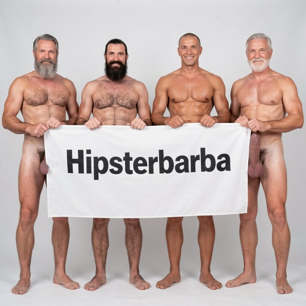 Four naked muscular men holding banner text Hipsterbarba follamos ultra high quality 8K photorealistic: El Comandante Spanish military leader 45 years short gray hair stern commanding face muscular trained body 185cm 85kg standing far left holding left edge of banner with both hands completely naked massive erect uncircumcised penis 25cm thick veiny shaft visible below banner heavy balls alpha dominant stance, Soldado Bartolo Spanish soldier 35 years thick dark full beard short hair very hairy muscular chest arms legs groin 180cm 80kg standing center-left holding banner completely naked large erect uncircumcised penis 18cm thick visible hairy balls masculine hairy build playful smirk, Superman alien superhero 195cm 100kg perfect bronzed smooth hairless skin short black hair with characteristic curl bright blue eyes massive superhuman muscles standing center-right holding banner completely naked enormous erect penis 23cm steel hard thick shaft visible smooth heavy balls god-like physique confident smile, General Rodolfo Castaños 60 years short gray military hair thick gray mustache experienced muscular body 175cm 75kg standing far right holding right edge of banner completely naked thick erect penis 20cm visible mature heavy balls military bearing knowing expression, all four men standing in horizontal row full body visible head to feet holding between them large white fabric banner at chest level with bold black letters spelling Hipsterbarba follamos question mark clearly readable professional typography banner stretched tight all four erect penises balls completely visible below banner military office background professional studio lighting 8K photorealistic resolution masterpiece quality inviting seductive expressions.