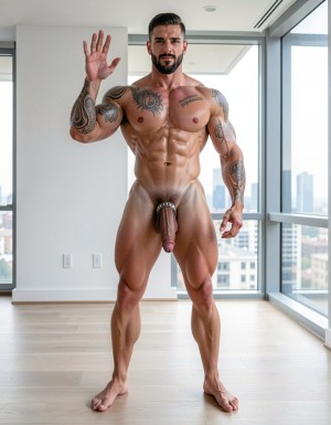 Photorealistic portrait full body shot indoor modern minimalist apartment background white walls large windows daylight natural lighting, extremely handsome masculine dominant man late 30s early 40s rugged alpha male appearance standing center frame confident powerful stance legs apart facing camera direct eye contact intimidating authoritative gaze, extremely muscular athletic professional bodybuilder physique massive shoulders wide back extreme V-taper narrow waist thick powerful legs eight-pack abs visible completely naked fully nude entire body visible head to feet, short dark hair perfectly styled masculine haircut thick dark stubble beard covering strong angular jaw chiseled masculine facial features piercing intense dark eyes looking directly at camera dominant expression slight arrogant smirk confident attitude, completely naked totally nude muscular body fully exposed massive defined pecs abs obliques Adonis belt visible muscular arms biceps triceps forearms thick muscular thighs quads hamstrings calves feet visible standing barefoot hardwood floor, huge thick long erect cock massive erection pointing upward enormous penis fully erect large thick shaft prominent glans meatus visible heavy hanging balls testicles visible between thick muscular thighs, small black ink tattoo right upper arm bicep brachial region curved text following anatomical muscle contour letters reading 