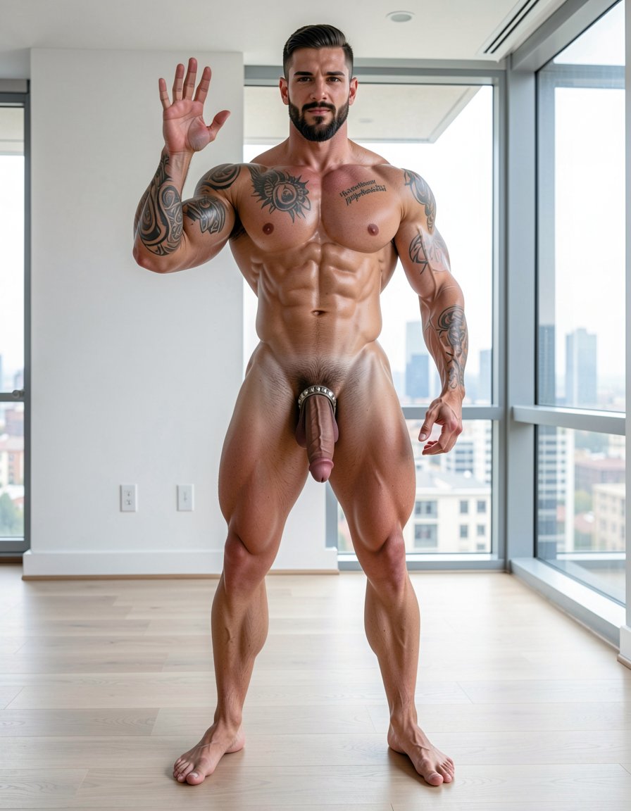 Photorealistic portrait full body shot indoor modern minimalist apartment background white walls large windows daylight natural lighting, extremely handsome masculine dominant man late 30s early 40s rugged alpha male appearance standing center frame confident powerful stance legs apart facing camera direct eye contact intimidating authoritative gaze, extremely muscular athletic professional bodybuilder physique massive shoulders wide back extreme V-taper narrow waist thick powerful legs eight-pack abs visible completely naked fully nude entire body visible head to feet, short dark hair perfectly styled masculine haircut thick dark stubble beard covering strong angular jaw chiseled masculine facial features piercing intense dark eyes looking directly at camera dominant expression slight arrogant smirk confident attitude, completely naked totally nude muscular body fully exposed massive defined pecs abs obliques Adonis belt visible muscular arms biceps triceps forearms thick muscular thighs quads hamstrings calves feet visible standing barefoot hardwood floor, huge thick long erect cock massive erection pointing upward enormous penis fully erect large thick shaft prominent glans meatus visible heavy hanging balls testicles visible between thick muscular thighs, small black ink tattoo right upper arm bicep brachial region curved text following anatomical muscle contour letters reading 