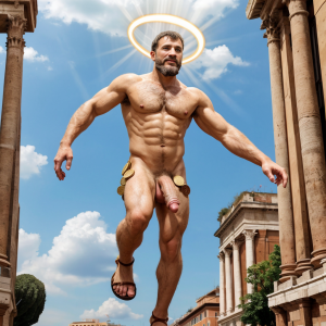 En el año 49 a.C., Julio César desnudo con pene grande. Está por las calles de la ciudad de Roma. Está bronceado. Tiene testículos grandes y peludos, muestra su bíceps derecho con orgullo. Tiene un aro luminoso sobre su cabeza. Tiene sandalias, monedas esparcidas. Salta hacia arriba subiendo al cielo. Es muy atractivo. Está volando entre nubes. Se ve todo el cuerpo muy bonito, cabeza y pies con sandalias.