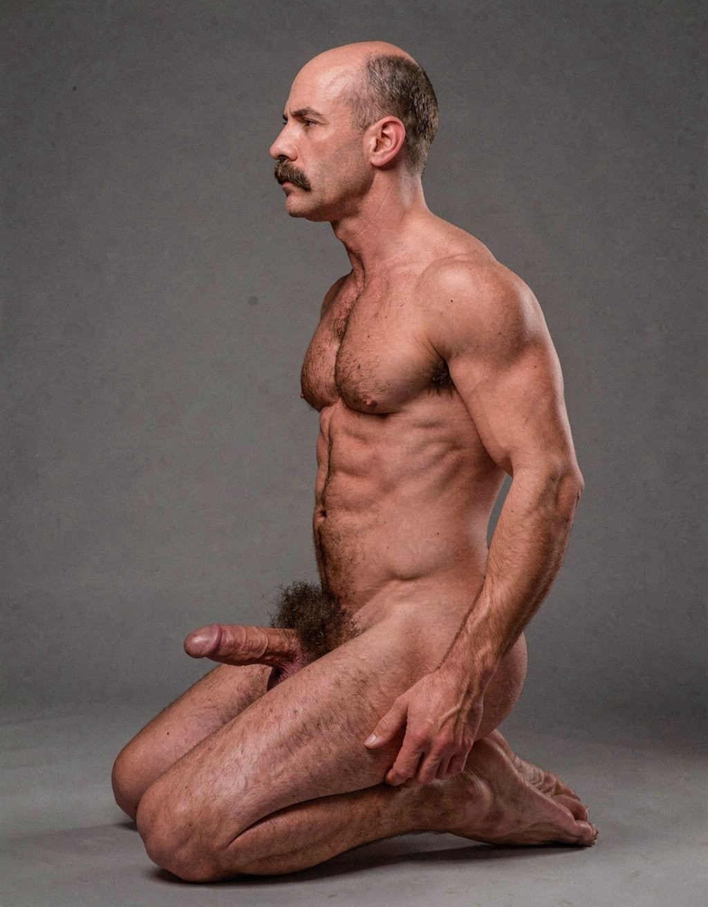 Mike Morris, a 32-year-old extremely lean Caucasian male with only 8% body fat, stands completely naked in a strict military attention pose captured in a full-body exact side profile at 90 degrees from his left side. The shot runs from the tips of his size 44 slightly hairy feet all the way up to the top of his bald head, showing his entire body without any cropping. His physique is dry, highly vascular and powerfully defined: massive square pectorals seen in perfect side silhouette, dense dark brown chest hair forming a thick T-pattern, sharply carved six-pack abs in clear profile, narrow waist, wide lats, powerful thighs and diamond-shaped calves. Dramatic directional studio lighting comes from high and slightly in front of him, creating strong rim lighting that traces the sharp outline of his entire body, the texture of his dense dark body hair on chest, lower back, ass and legs, and deep shadows that accentuate every muscle separation, vein and the extreme dryness of his 8% body fat physique. His advanced Norwood III-IV bald scalp shines under the light, with short dense dark brown hair on the sides and back of his head. His square angular face is shown in pure profile: strong jawline, prominent chin with slight central dimple, thick dark handlebar mustache, heavy brow and intense deep-set brown eye looking straight forward with a serious, commanding expression. His penis is fully visible in perfect side view, completely natural and realistic: thick, 24 cm long when fully erect, with a natural slight upward curve, prominent dorsal veins, long foreskin partially covering the pink-red glans, and realistic lighter skin tone. Below it hang his large, low-hanging testicles with wrinkled darker skin and dense dark brown hair. The extremely thick, curly dark brown pubic bush climbs almost to his navel and surrounds the base of his cock and balls generously. Every anatomical detail from his veined hands and forearms to his muscular ass, hamstrings, diamond calves and hairy toes is perfectly proportioned and free of any deformation. Photorealistic, high-contrast, masculine 1970s Colt Studio aesthetic with subtle grainy film texture.  . Está de rodillas. 
